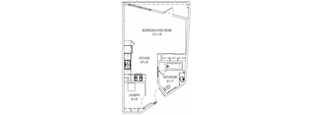 A floor plan of a small apartment with a bedroom/living room, kitchen, bathroom, and laundry area.
