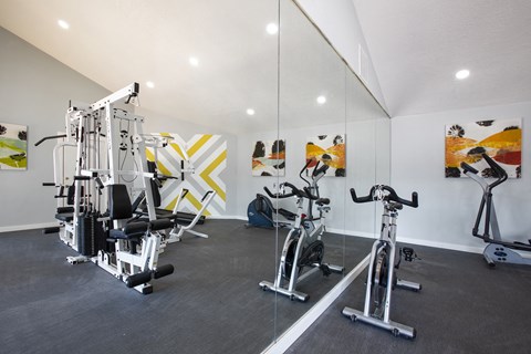 Gym with mirror wall at Villas Del Cielo Aprartments in Albuquerque New Mexico October 2020
