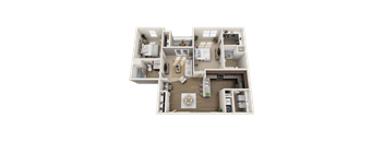 A detailed 3D floor plan of a two-bedroom apartment.
