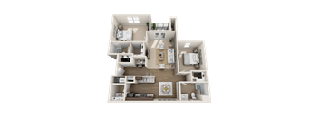 A detailed 3D floor plan of a two-bedroom apartment.