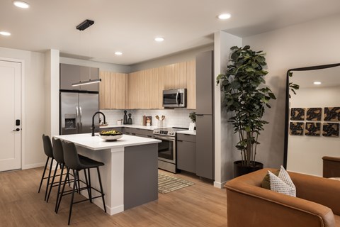 A modern kitchen with a dining area and a living area.