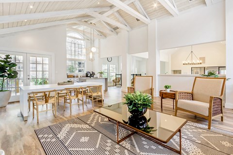 A living room with a white ceiling and a rug with a black and white pattern.