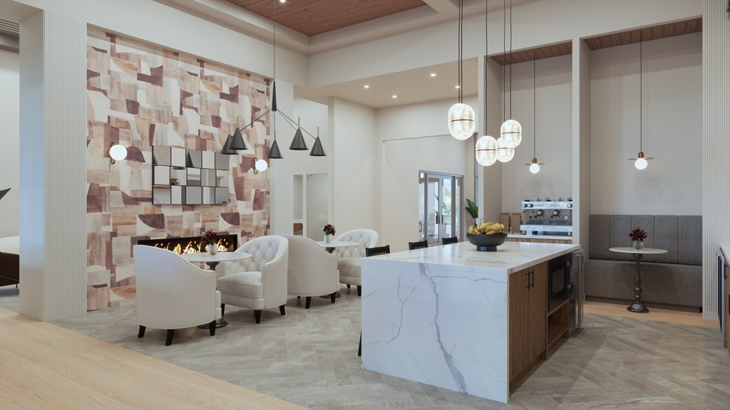 A modern kitchen with a marble island and a fireplace.