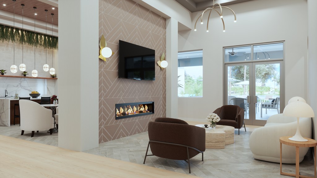 A modern living room with a fireplace and a flat screen TV mounted on the wall.