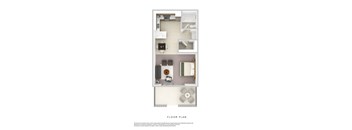 A floor plan of a small apartment with a kitchen, living room, and bathroom.