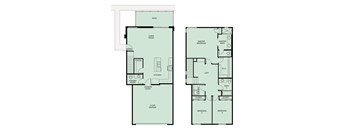 A floor plan of a house with two master bedrooms, a garage, and a laundry room.