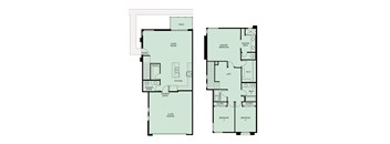 A floor plan of a house with two master bedrooms and a garage.