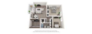 A 3D floor plan of a small apartment with a kitchen, living room, bedroom, and bathroom.