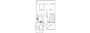 A floor plan of a small apartment with a living room, bedroom, kitchen, bathroom, study, and laundry room.