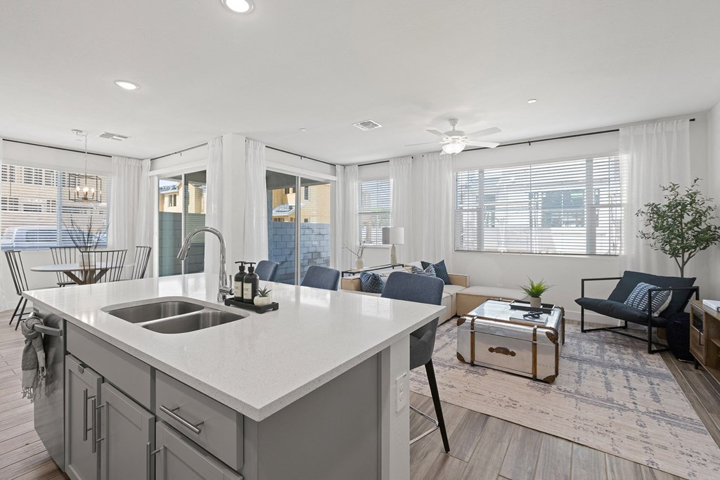 Kitchen Island and Living Room at Willow 38 Townhomes in Phoenix Arizona