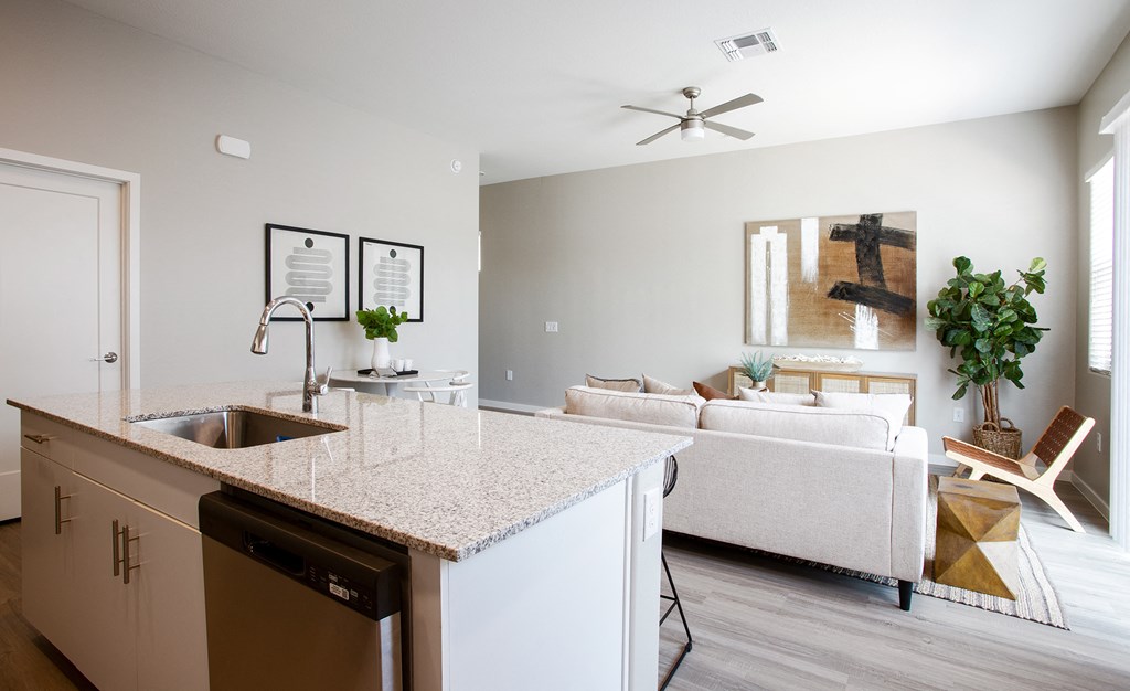 Kitchen and Living Room at The Carson Townhome Apartments