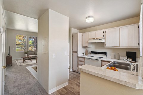 a kitchen with white cabinets and a sink and a counter top