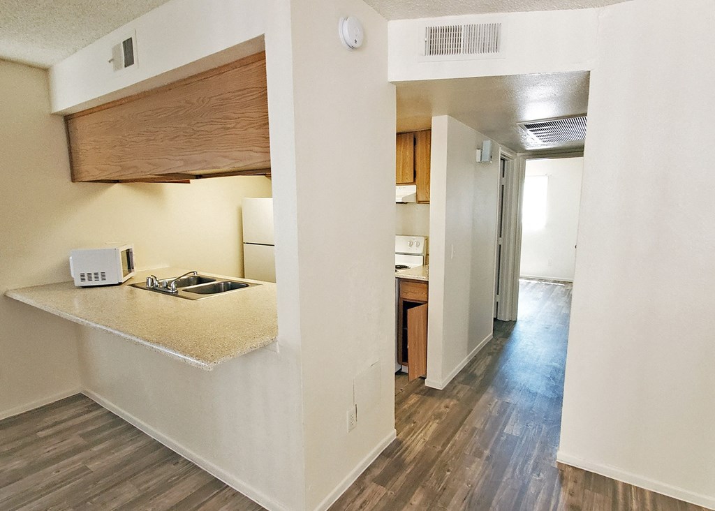 Kitchen and hallway at University Park in Tempe AZ August 2020