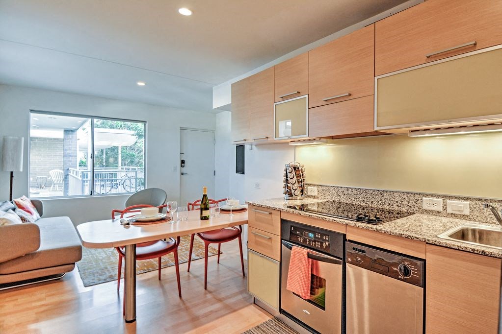 Kitchen and living room at The Regency Apartments in Tempe Arizona July 2020