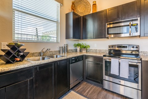 a kitchen with stainless steel appliances and black cabinets
