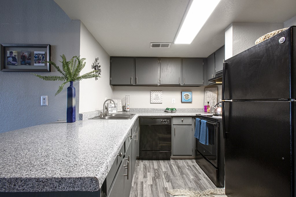 Kitchen counter top and appliances at Villas Del Cielo Aprartments in Albuquerque New Mexico October 2020