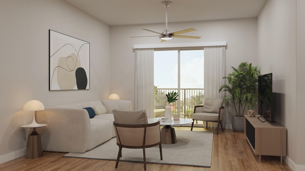A living room with a white couch, a brown chair, a television, and a plant.