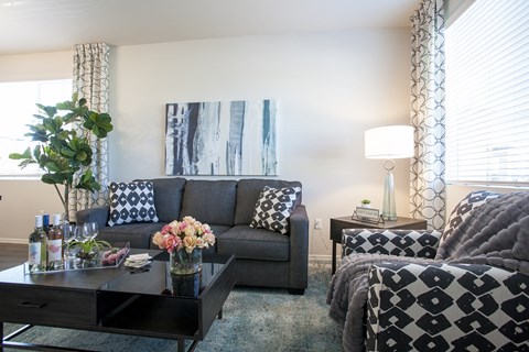 a living room with a couch and a coffee table