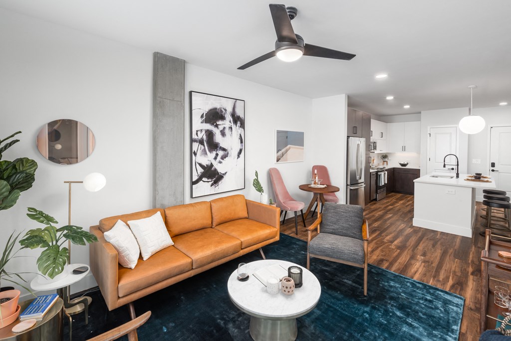 Living room and kitchen at Trovita Rio Apartments in Tempe AZ June 2021