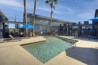 Lounge area and pool at Radius Apartments in Phoenix AZ Nov 2020