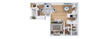 A top-down view of a small apartment with a living room, kitchen, and bedroom.
