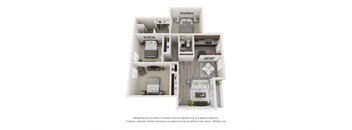 A 3D floor plan of a small apartment with a kitchen, living room, and two bedrooms.