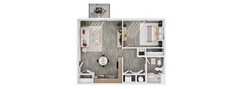 A top-down view of a small apartment with a kitchen, living room, and bathroom.