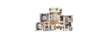 A top-down view of a modern apartment layout with a kitchen, living room, and bedrooms.