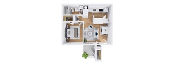 A white and wood floor plan of a house with a living room, kitchen, and bathroom.