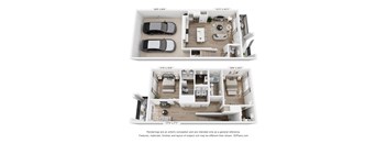 A floor plan of a two-bedroom apartment with a garage for two cars.