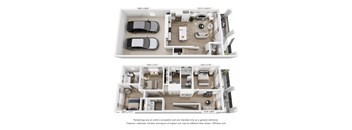 A floor plan of a two-bedroom apartment with dimensions and a note about renderings.