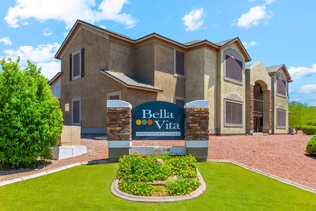 Monument sign at Bella Vita Apartments in Bullhead City Arizona Oct 2023