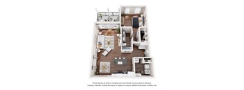 A 3D floor plan of a house with a kitchen, living room, and bathroom.