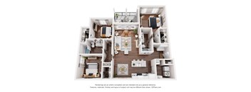 A 3D floor plan of a house with a kitchen, living room, and two bedrooms.