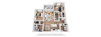 A 3D floor plan of a house with a kitchen, living room, and bedrooms.