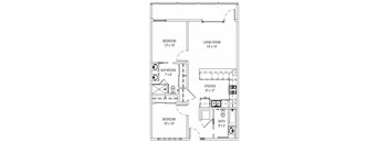 A floor plan of a small apartment with a living room, two bedrooms, a bathroom, and a kitchen.