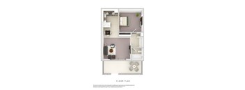 A floor plan of a small apartment with a kitchen, living room, and bathroom.