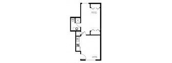 A black and white image of a floor plan for a one bedroom apartment.