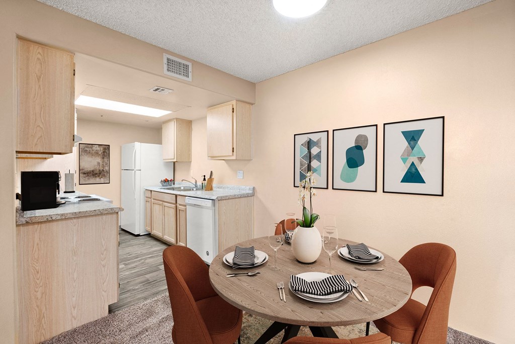 Dining and kitchen area at Silver Cliffs Apartments in Bullhead City Arizona