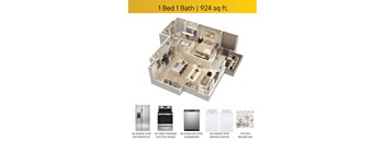 One Bedroom Floorplan with applaince callouts patio square footage