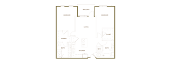 A floor plan of a home with a living room, two bedrooms, a kitchen, two bathrooms, and two closets.