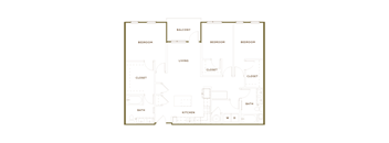 A floor plan of a house with two bedrooms, a living room, a kitchen, a bathroom, and a closet.