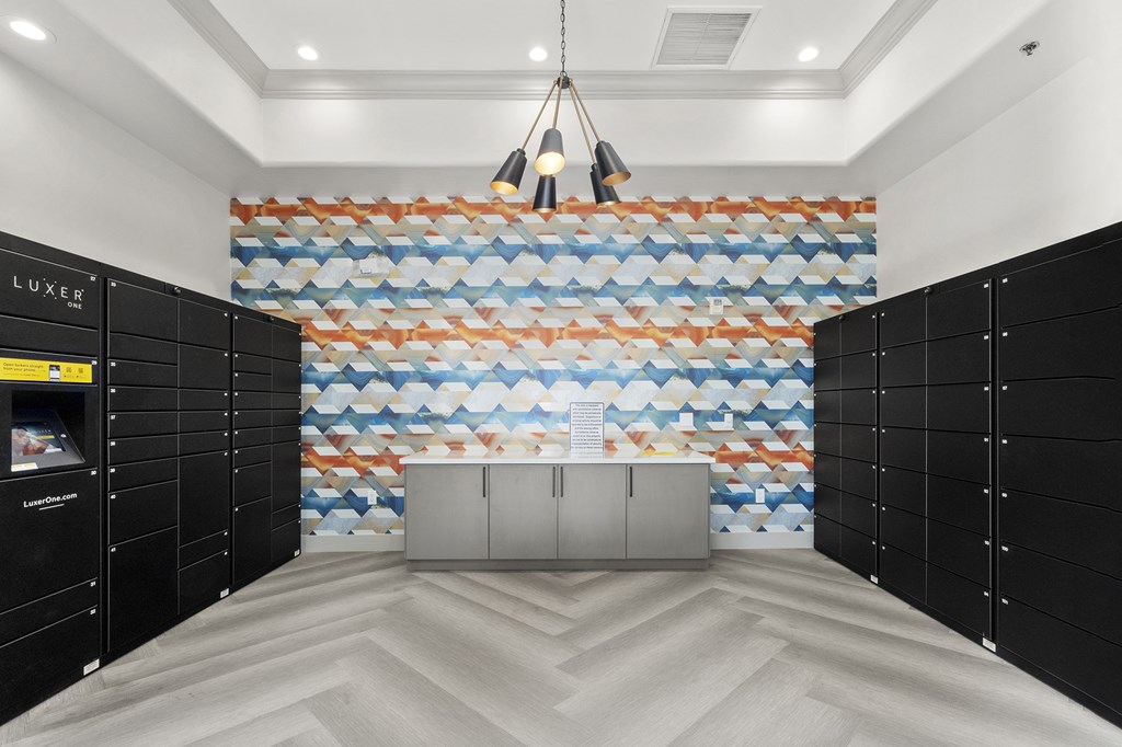 A room with a LUXER sign on the wall.