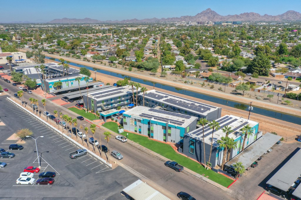 Parking and exterior at Radius Apartments in Phoenix AZ Nov 2020