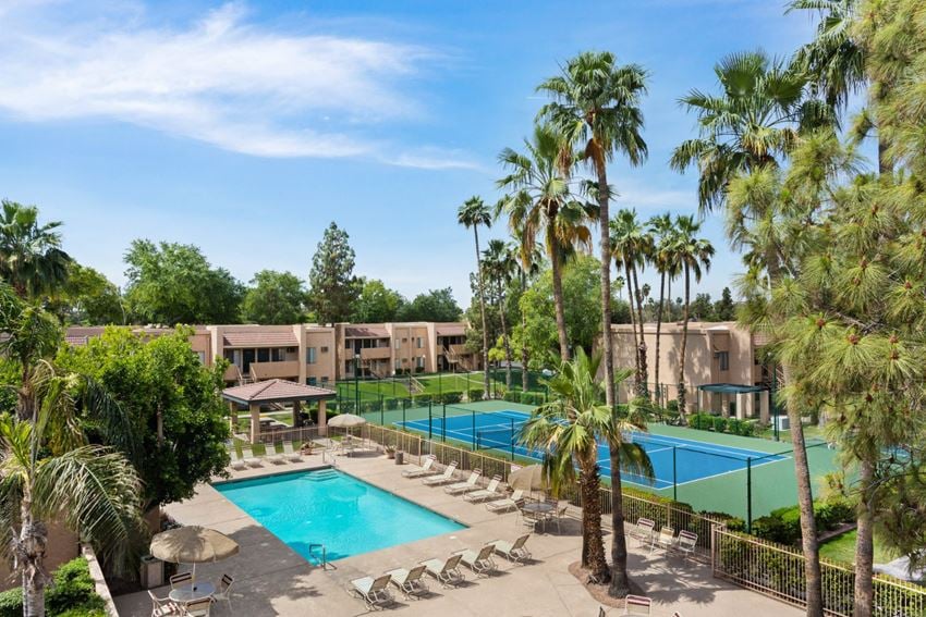 Pool, Pool Patio, Tennis Court & Exterior at Shorebird Apartments in Mesa, AZ - Photo Gallery 1