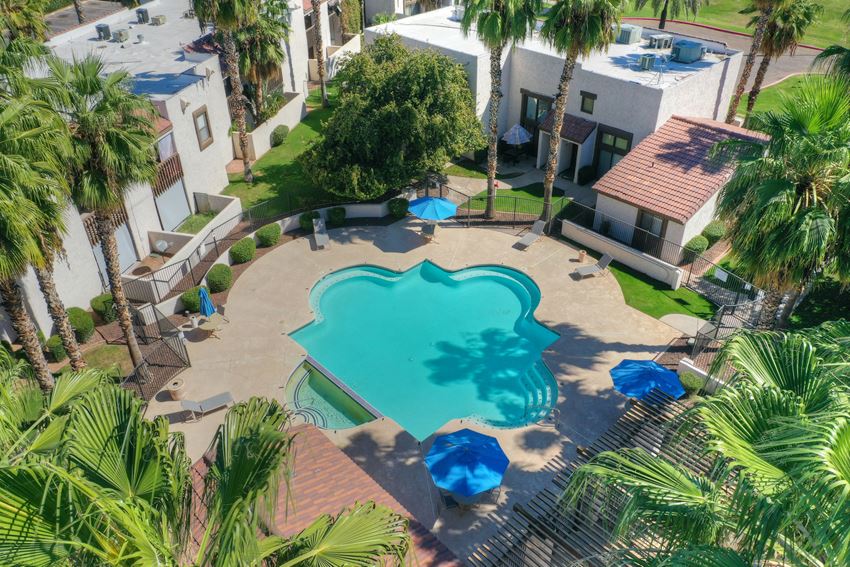 Pool aerial view at Townhomes on the Park Apartments in Phoenix AZ Nov 2020 - Photo Gallery 1