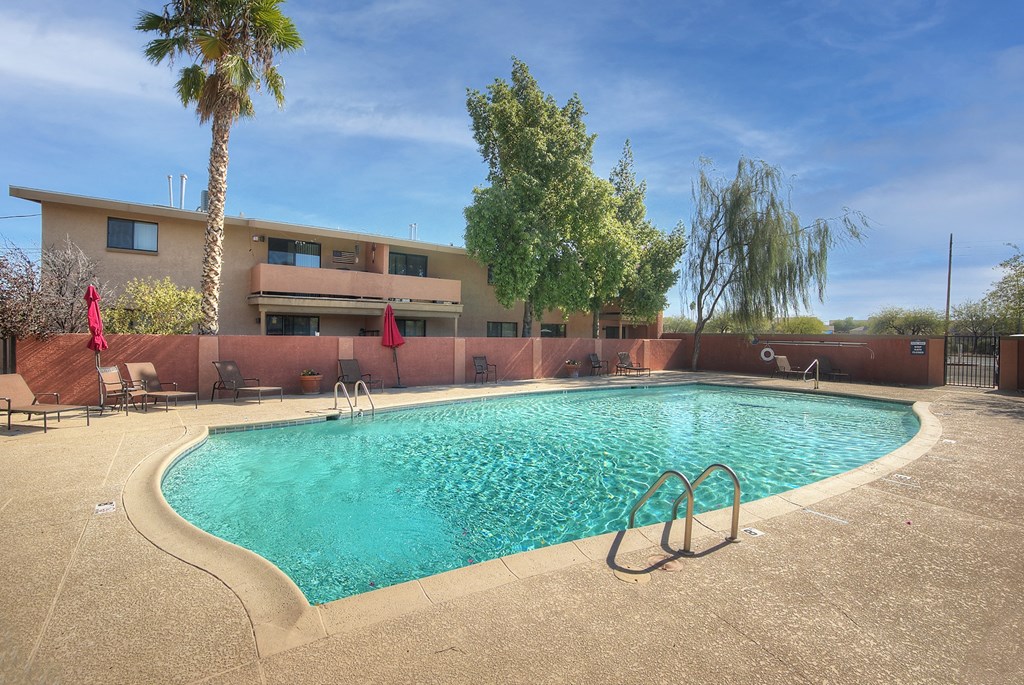 Pool and pool patio at San Simeon Apartments in Tucson AZ November 2020