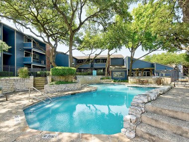 Pool and pool patio at Stony Creek Apartments in Austin TX June 2021
