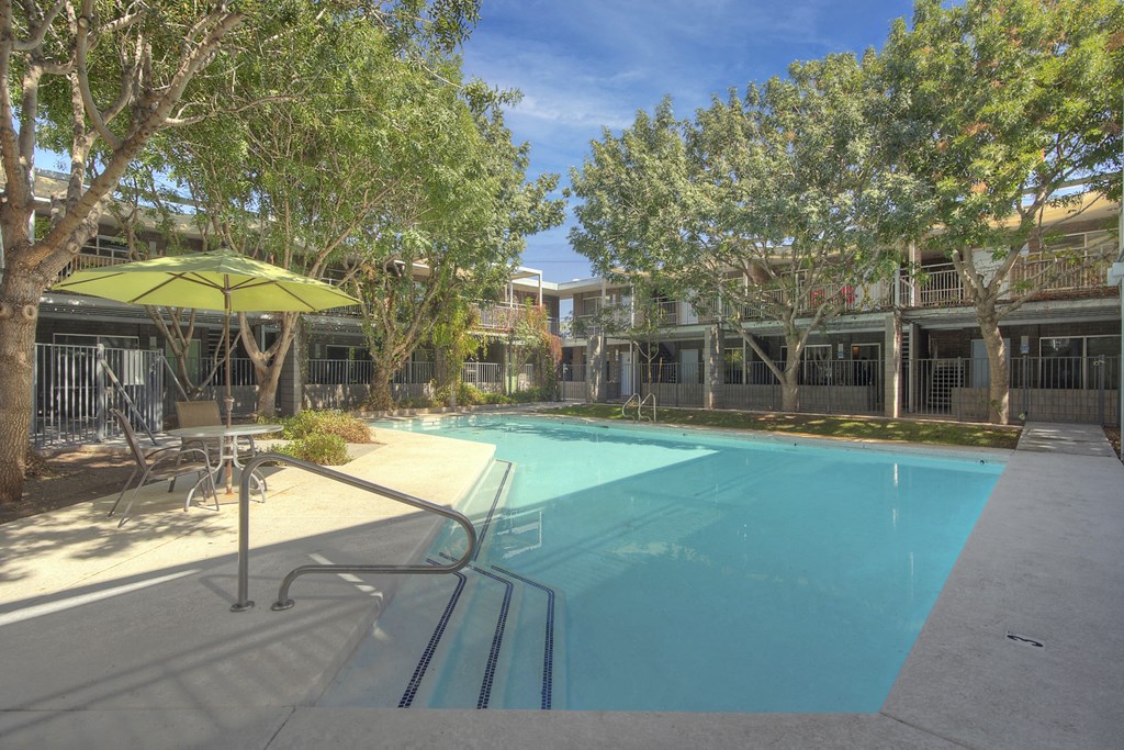 Pool and pool pato at The Regency Apartments in Tempe AZ Nov 2020