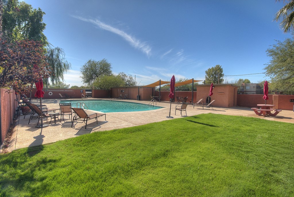 Pool pool patio and landscaping at San Simeon Apartments in Tucson AZ November 2020